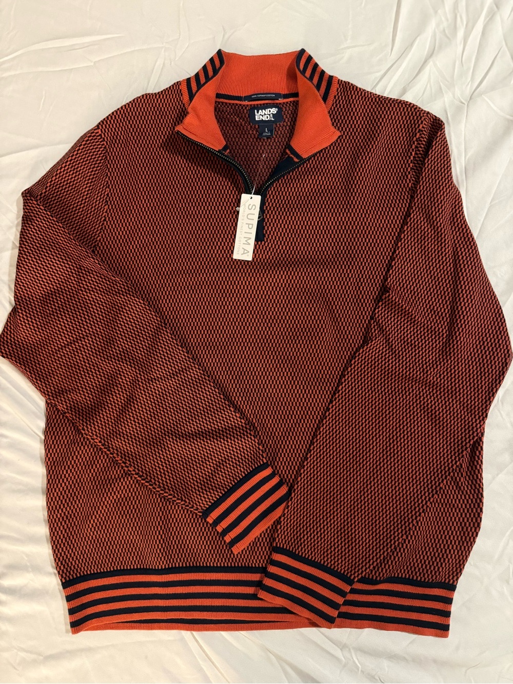 Lands' End Men's Orange and Black Patterned Quarter-Zip Sweater